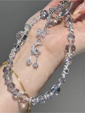 Crystal Moon Star Phone Charm Strap | Pale Blue | Silver | Celestial | Coquette